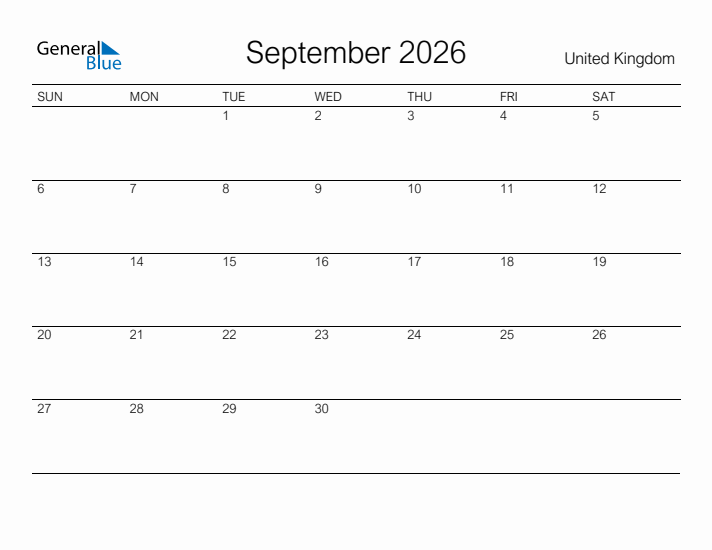 Printable September 2026 Calendar for United Kingdom