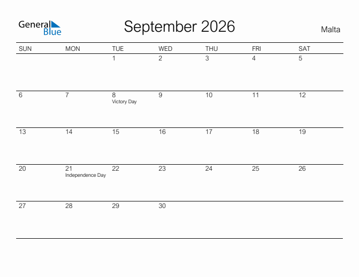 Printable September 2026 Calendar for Malta