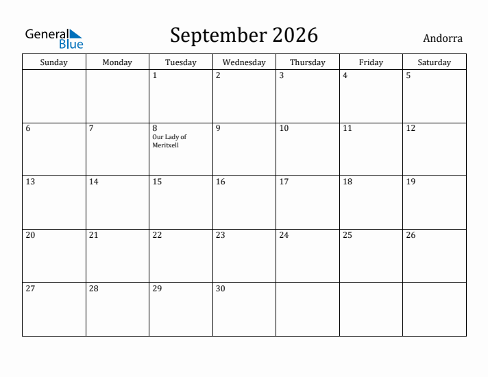 September 2026 Calendar Andorra