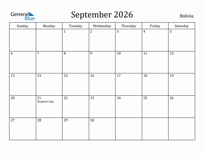 September 2026 Calendar Bolivia