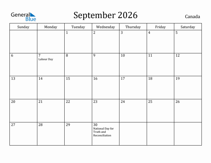 September 2026 Calendar Canada