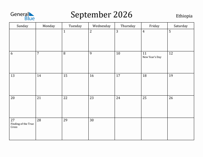 September 2026 Calendar Ethiopia