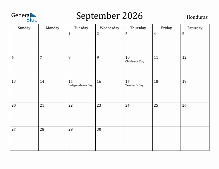 September 2026 Calendar Honduras