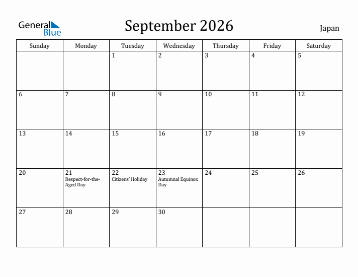 September 2026 Calendar Japan