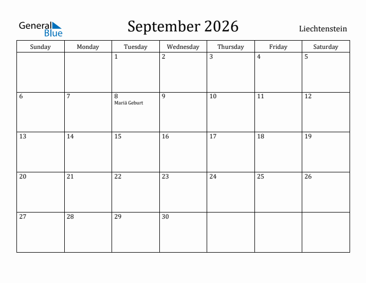 September 2026 Calendar Liechtenstein