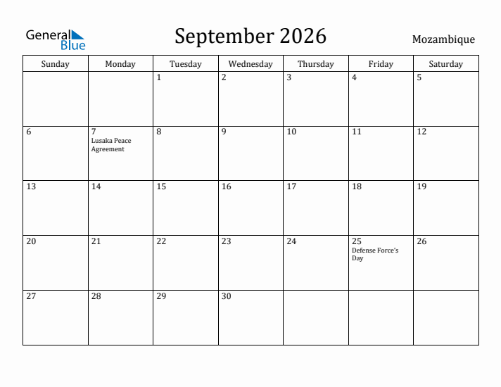 September 2026 Calendar Mozambique