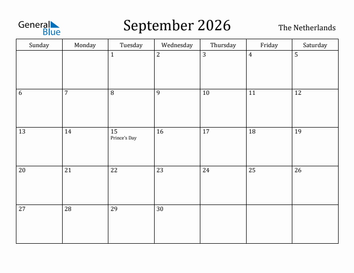 September 2026 Calendar The Netherlands