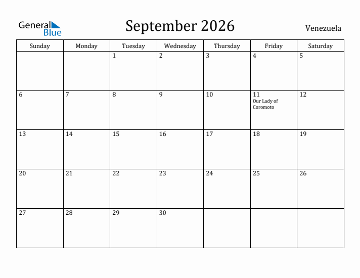 September 2026 Calendar Venezuela