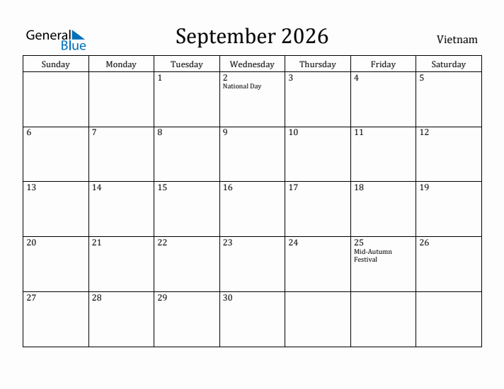 September 2026 Calendar Vietnam