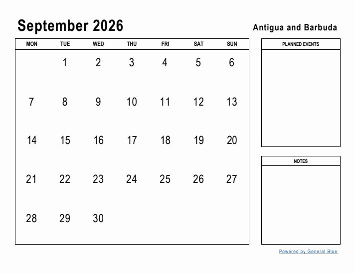 September 2026 Printable Monthly Calendar with Antigua and Barbuda Holidays