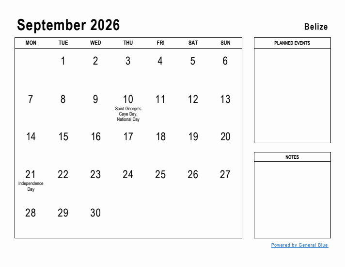 September 2026 Printable Monthly Calendar with Belize Holidays