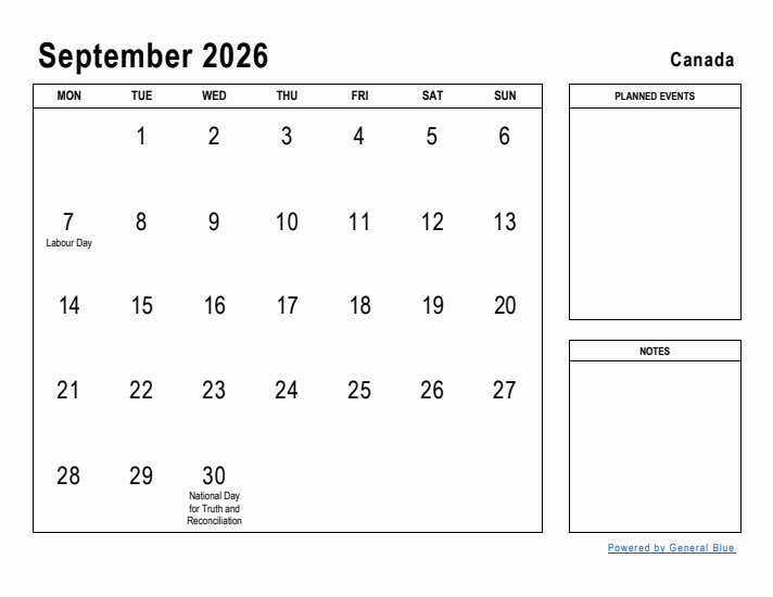 September 2026 Printable Monthly Calendar with Canada Holidays