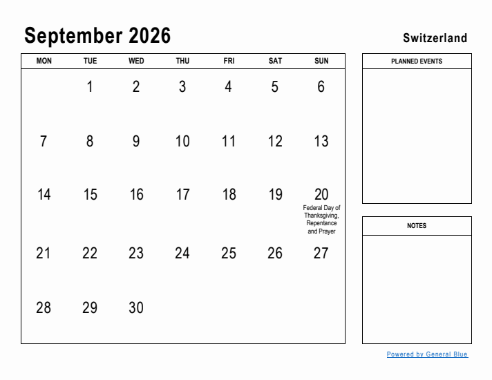 September 2026 Printable Monthly Calendar with Switzerland Holidays