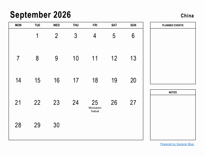 September 2026 Printable Monthly Calendar with China Holidays