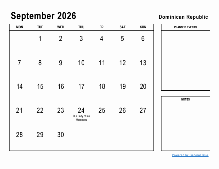 September 2026 Printable Monthly Calendar with Dominican Republic Holidays