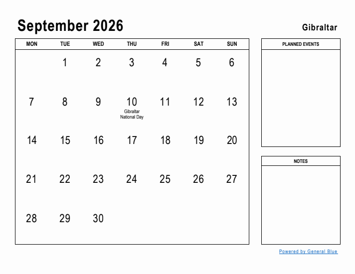 September 2026 Printable Monthly Calendar with Gibraltar Holidays