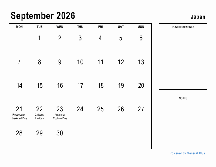 September 2026 Printable Monthly Calendar with Japan Holidays