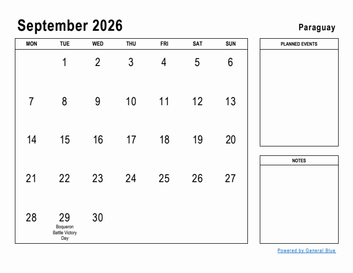 September 2026 Printable Monthly Calendar with Paraguay Holidays