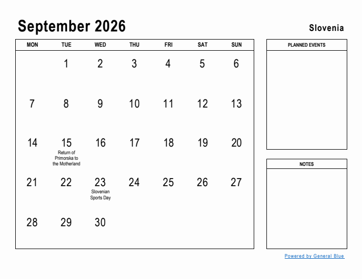 September 2026 Printable Monthly Calendar with Slovenia Holidays