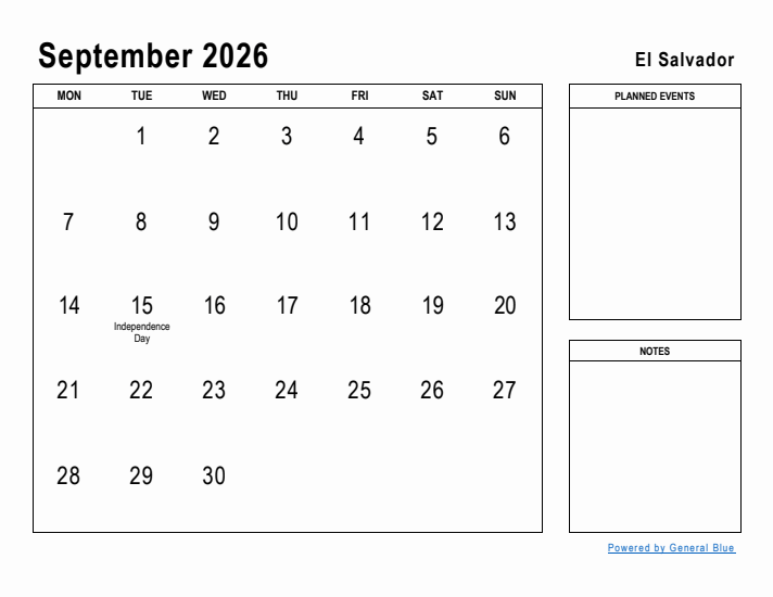 September 2026 Printable Monthly Calendar with El Salvador Holidays