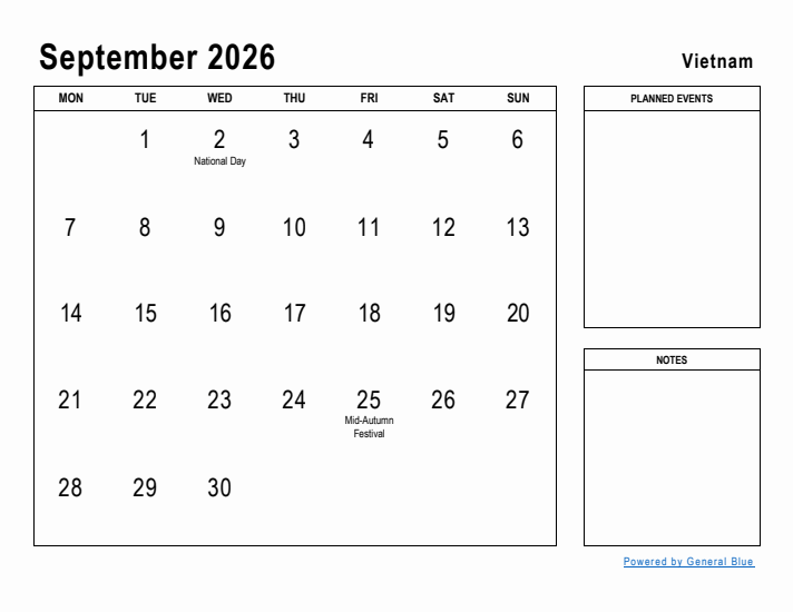 September 2026 Printable Monthly Calendar with Vietnam Holidays