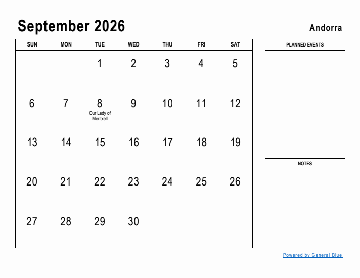 September 2026 Printable Monthly Calendar with Andorra Holidays