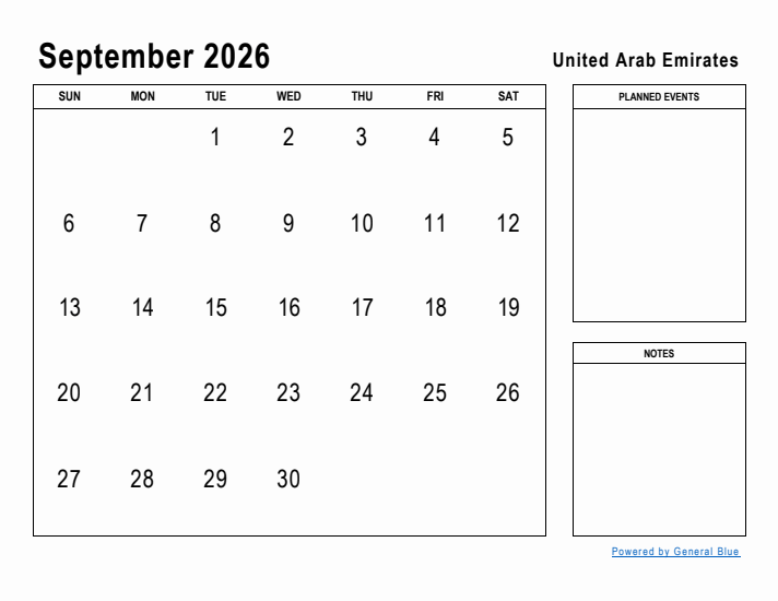 September 2026 Printable Monthly Calendar with United Arab Emirates Holidays