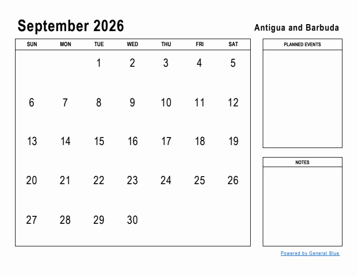 September 2026 Printable Monthly Calendar with Antigua and Barbuda Holidays