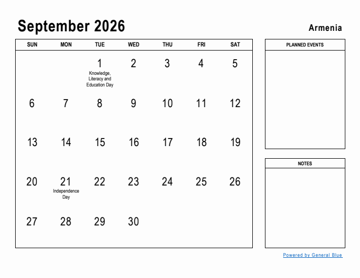 September 2026 Printable Monthly Calendar with Armenia Holidays