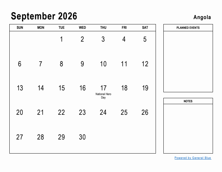 September 2026 Printable Monthly Calendar with Angola Holidays