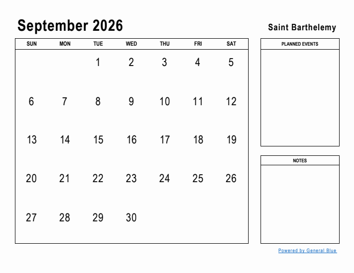 September 2026 Printable Monthly Calendar with Saint Barthelemy Holidays