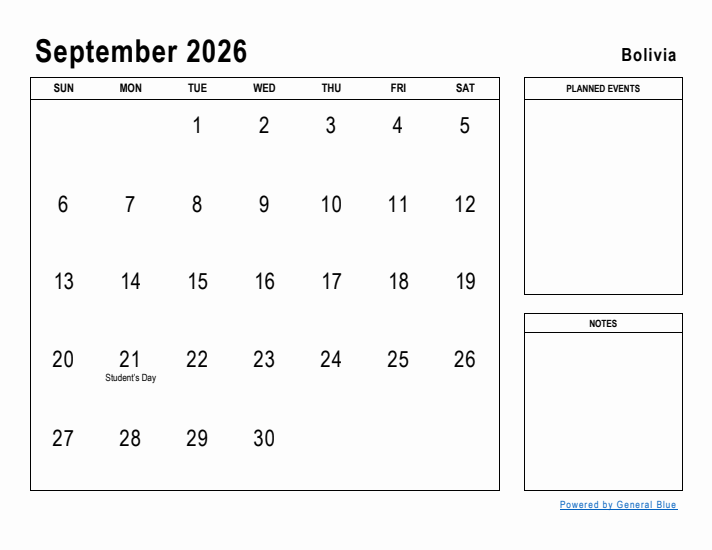 September 2026 Printable Monthly Calendar with Bolivia Holidays