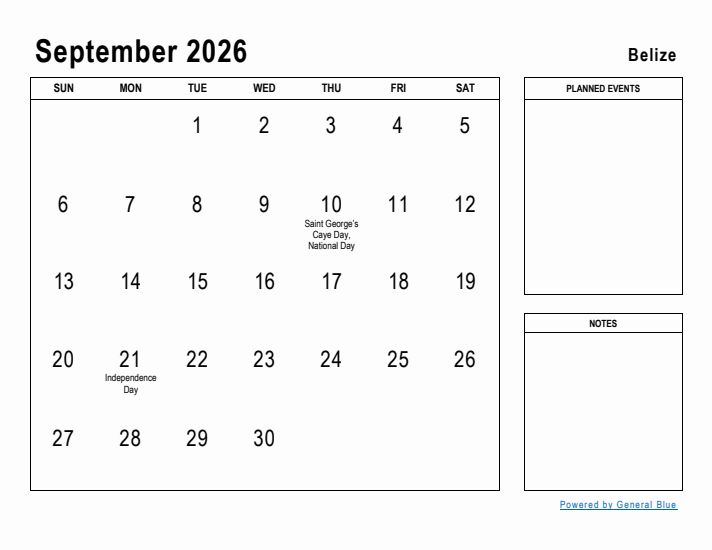 September 2026 Printable Monthly Calendar with Belize Holidays