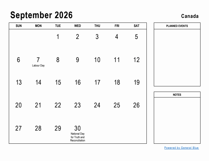 September 2026 Printable Monthly Calendar with Canada Holidays