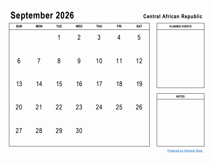 September 2026 Printable Monthly Calendar with Central African Republic Holidays