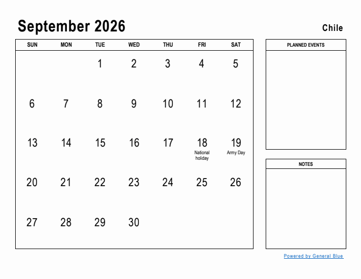 September 2026 Printable Monthly Calendar with Chile Holidays