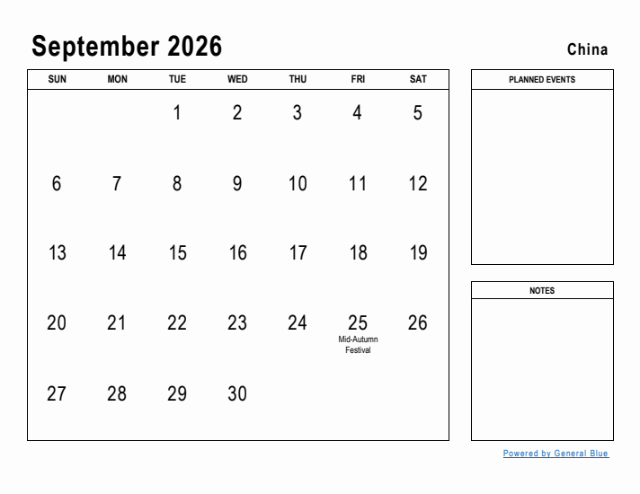 September 2026 Printable Monthly Calendar with China Holidays