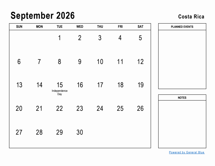 September 2026 Printable Monthly Calendar with Costa Rica Holidays