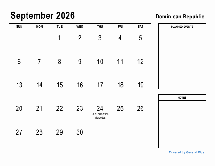 September 2026 Printable Monthly Calendar with Dominican Republic Holidays