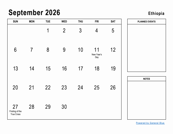 September 2026 Printable Monthly Calendar with Ethiopia Holidays