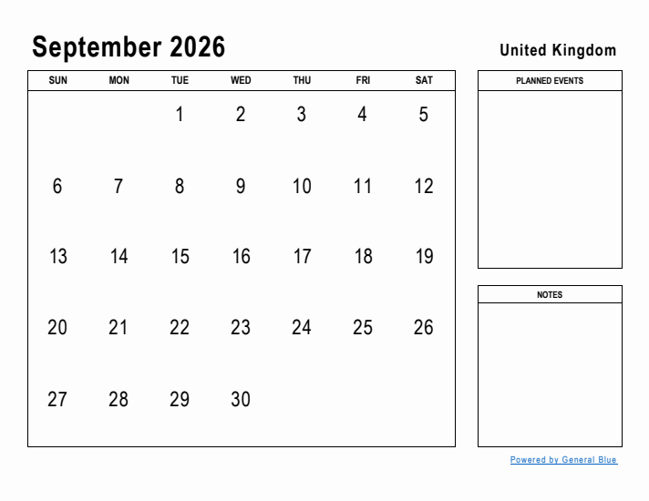 September 2026 Printable Monthly Calendar with United Kingdom Holidays