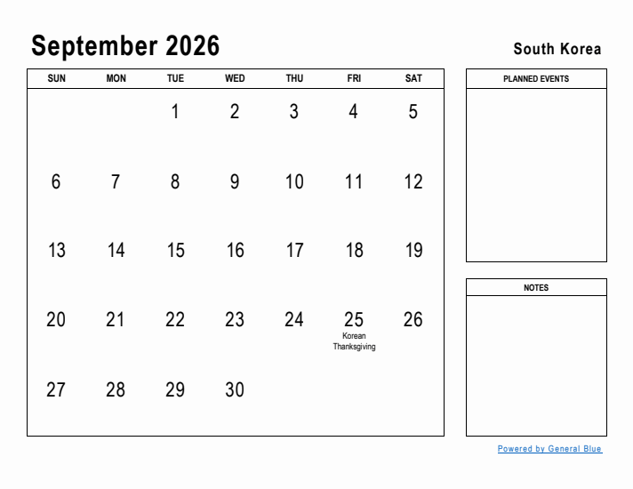 September 2026 Printable Monthly Calendar with South Korea Holidays