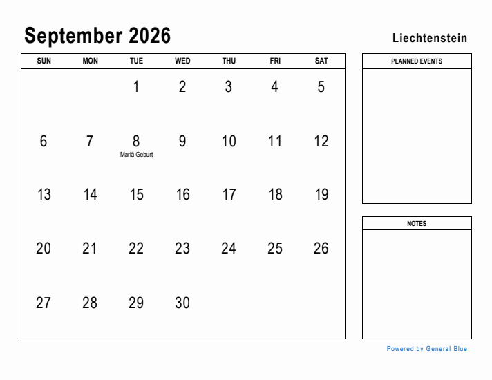 September 2026 Printable Monthly Calendar with Liechtenstein Holidays