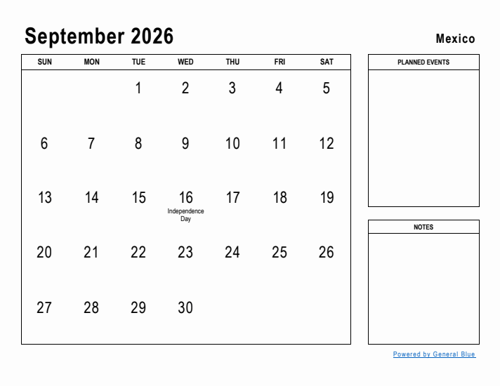 September 2026 Printable Monthly Calendar with Mexico Holidays