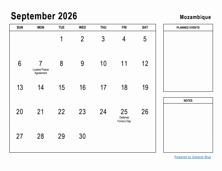 September 2026 Printable Monthly Calendar with Mozambique Holidays