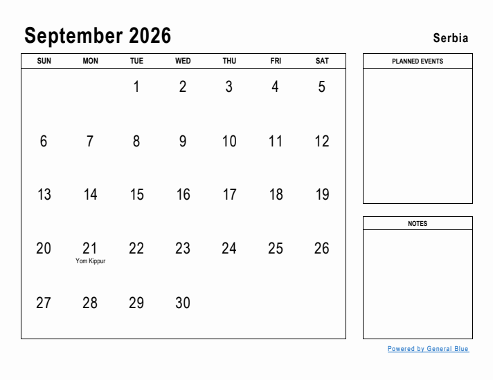 September 2026 Printable Monthly Calendar with Serbia Holidays