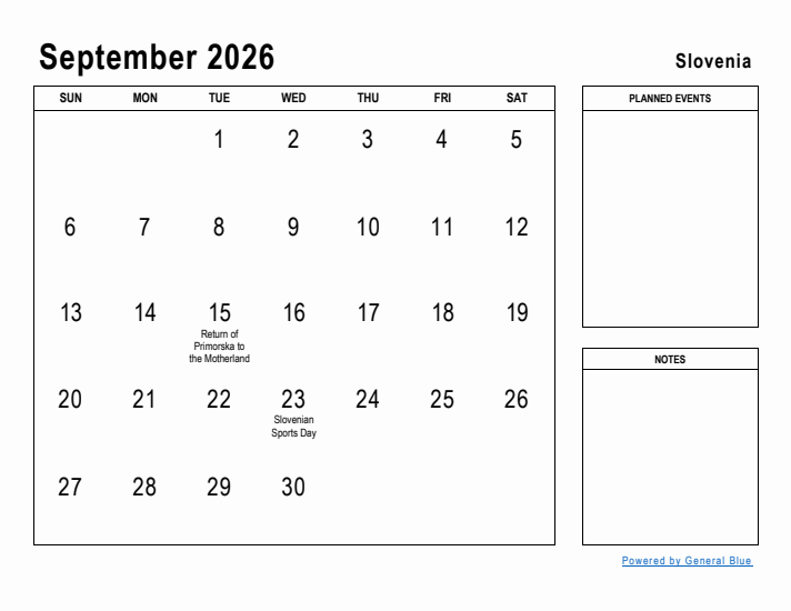 September 2026 Printable Monthly Calendar with Slovenia Holidays