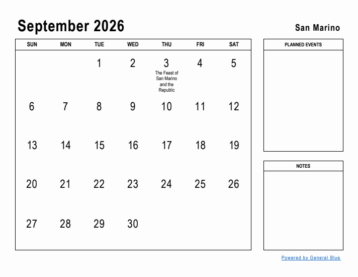 September 2026 Printable Monthly Calendar with San Marino Holidays