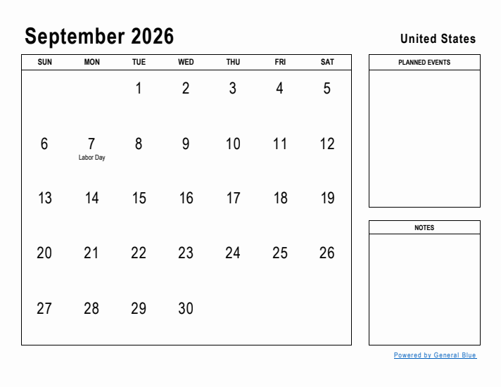 September 2026 Printable Monthly Calendar with United States Holidays