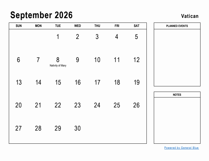 September 2026 Printable Monthly Calendar with Vatican Holidays